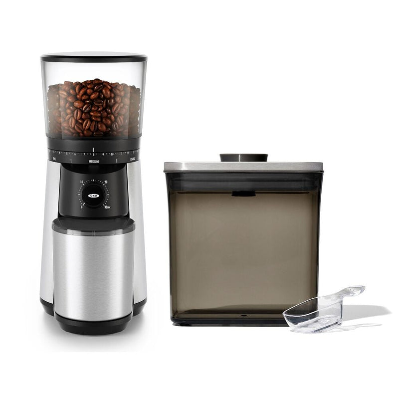 Conical Burr Coffee Grinder & Steel Coffee POP Container (1.7 Qt) with Scoop Bundle H1