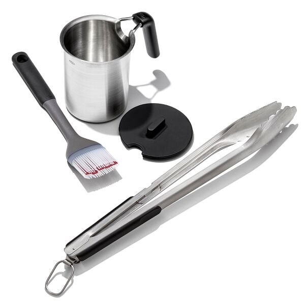 Grilling Basting Pot and Brush Set & Grilling Tongs with Built-In Bottle Opener Bundle I4